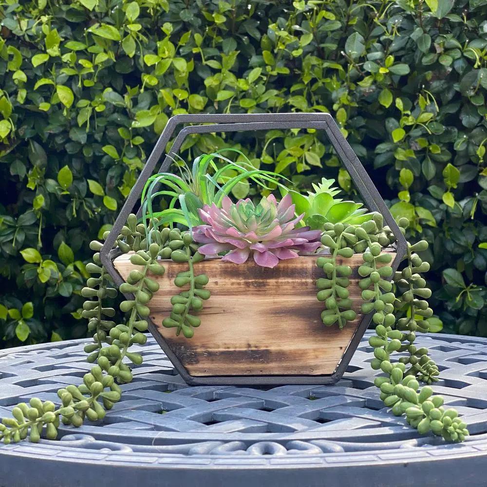 Flora Bunda 11 in. Hexagon Wood and Metal Faux Succulent Wall Planter Hanging Garden