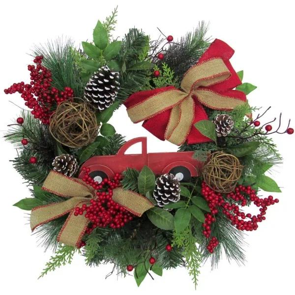 Fraser Hill Farm 24 in. Artificial Christmas Wreath with Pinecones, Burlap Bows and Wooden Truck