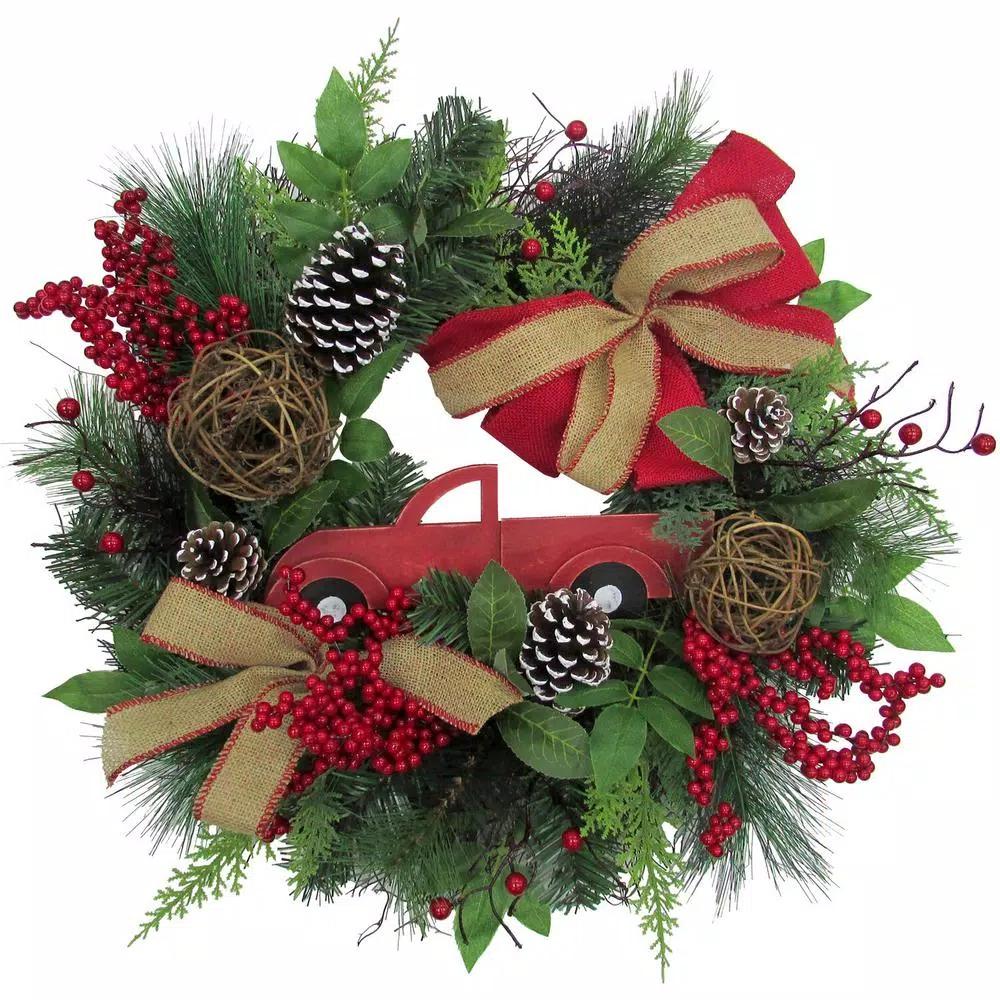 Fraser Hill Farm 24 in. Artificial Christmas Wreath with Pinecones, Burlap Bows and Wooden Truck