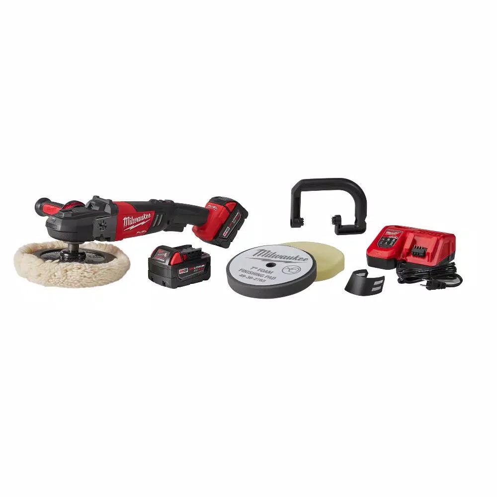 Milwaukee M18 FUEL 7 in. Variable Speed Cordless Polisher Kit with (2) 5.0 Ah Batteries & Pads