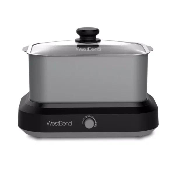 West Bend 6 Qt. Silver Non-Stick Versatility Slow Cooker with Griddle Base, Travel Lid, and Thermal Tote