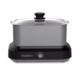 West Bend 6 Qt. Silver Non-Stick Versatility Slow Cooker with Griddle Base, Travel Lid, and Thermal Tote thumbnail 1