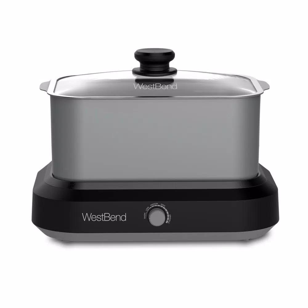 West Bend 6 Qt. Silver Non-Stick Versatility Slow Cooker with Griddle Base, Travel Lid, and Thermal Tote