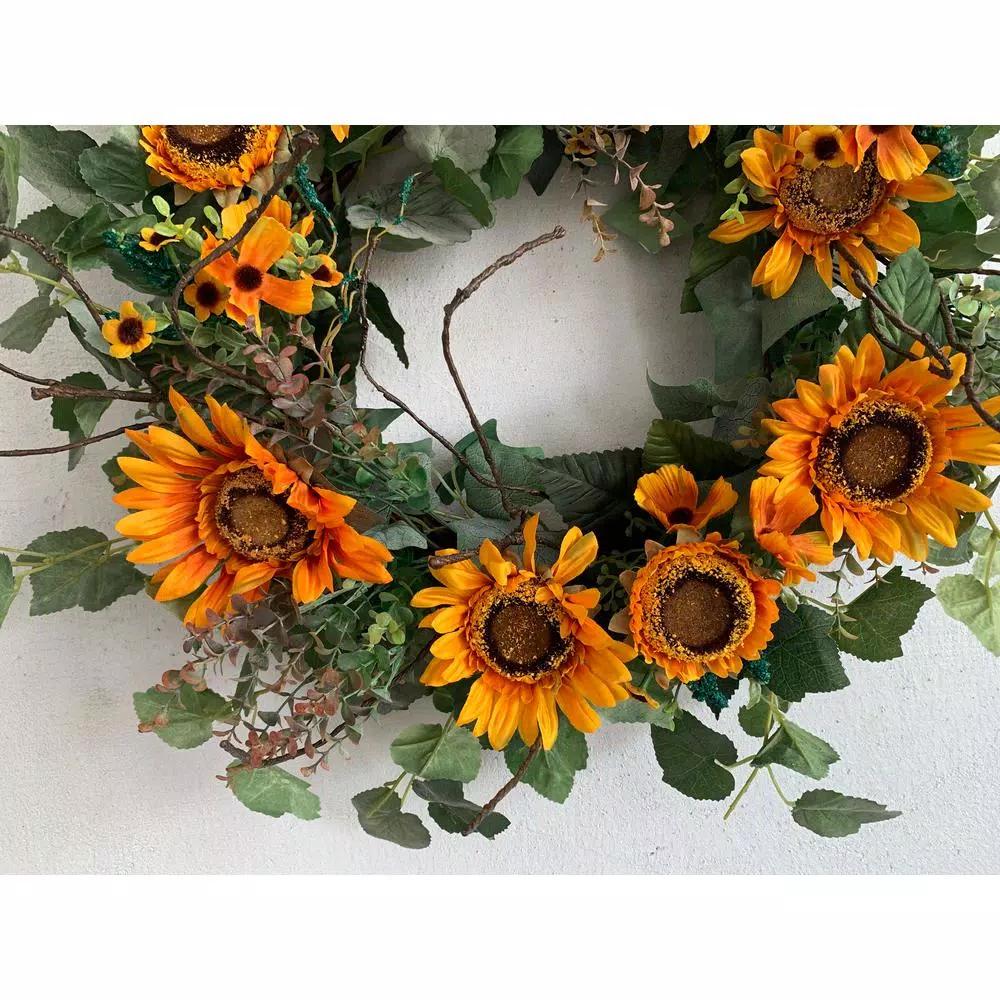 Glitzhome 24 in. Artificial Sunflower Wreath with Golden Orange Sunflowers and Green Silk Leaves