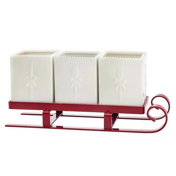 Godinger White Metal Santa Sleigh Flatware Caddy for Christmas Tabletop Decor