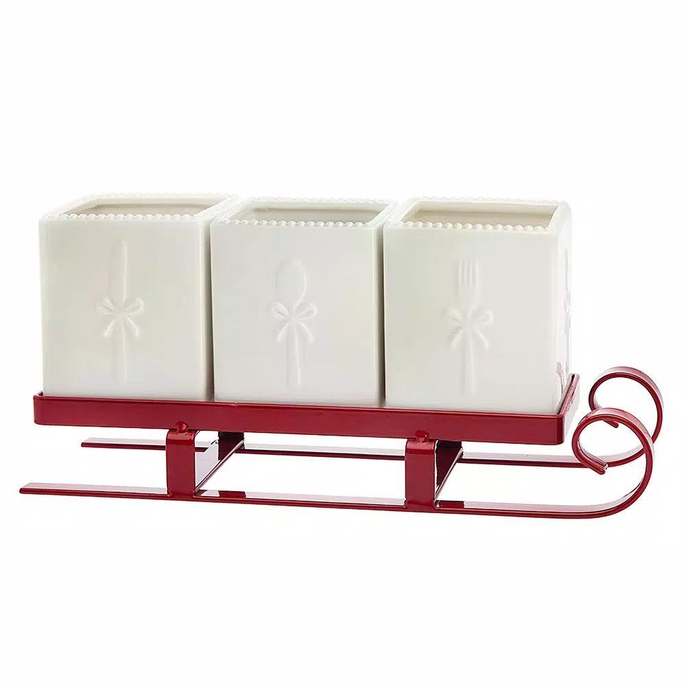 Godinger White Metal Santa Sleigh Flatware Caddy for Christmas Tabletop Decor