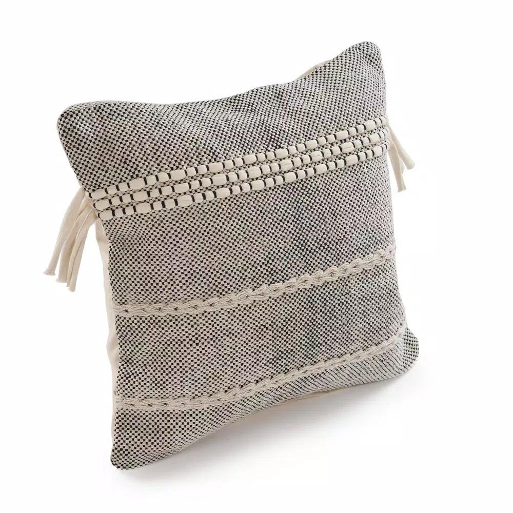 LR Resources Zanthia Black and Natural Striped Hypoallergenic 100% Cotton 20 in. x 20 in. Throw Pillow