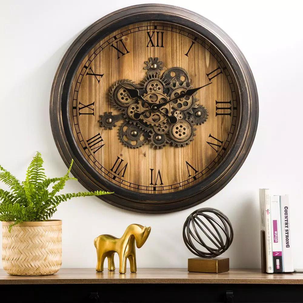 Glitzhome 27.76 in. Vintage Industrial Oversized Wall Clock with Moving Gears and Roman Numerals