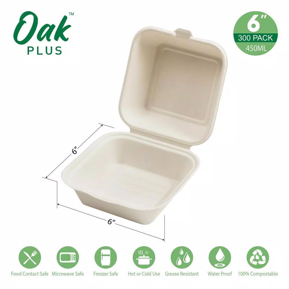 Unbranded 6 in. White Sugarcane Clamshell Containers, Compostable & Eco-Friendly (300 Pack)