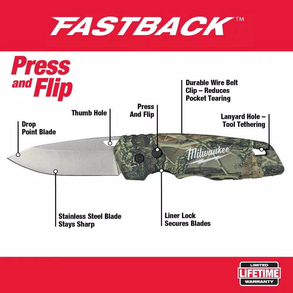 Milwaukee FASTBACK Camo Stainless Steel Folding Knife with 2.95 in. Drop Point Blade