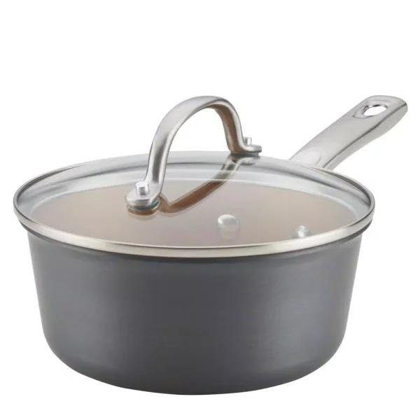 Ayesha Curry Home Collection 2 Qt. Hard Anodized Nonstick Aluminum Saucepan with Glass Lid, Basil Green