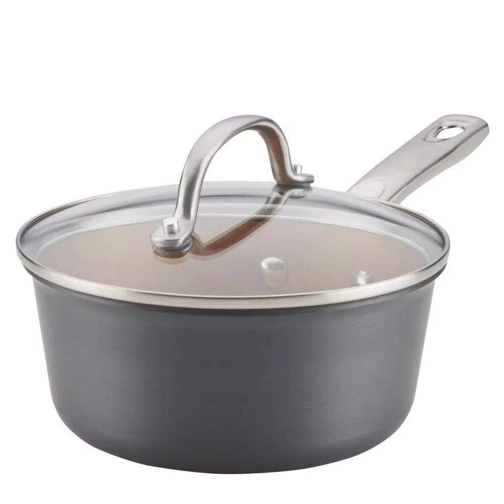 Ayesha Curry Home Collection 2 Qt. Hard Anodized Nonstick Aluminum Saucepan with Glass Lid, Basil Green
