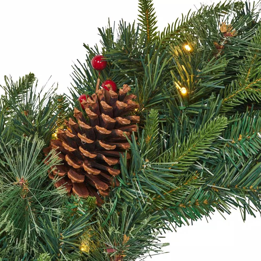 Noble House 24 in. Mixed Pine Artificial Christmas Wreath with Pine Cones, Berries, and Warm White LED Lights