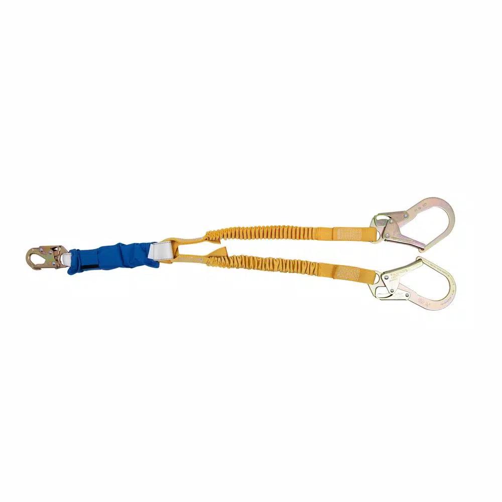 Werner DeCoil Stretch Twin Leg Lanyard with DCELL Shock Pack and Rebar Hooks, 6 ft.