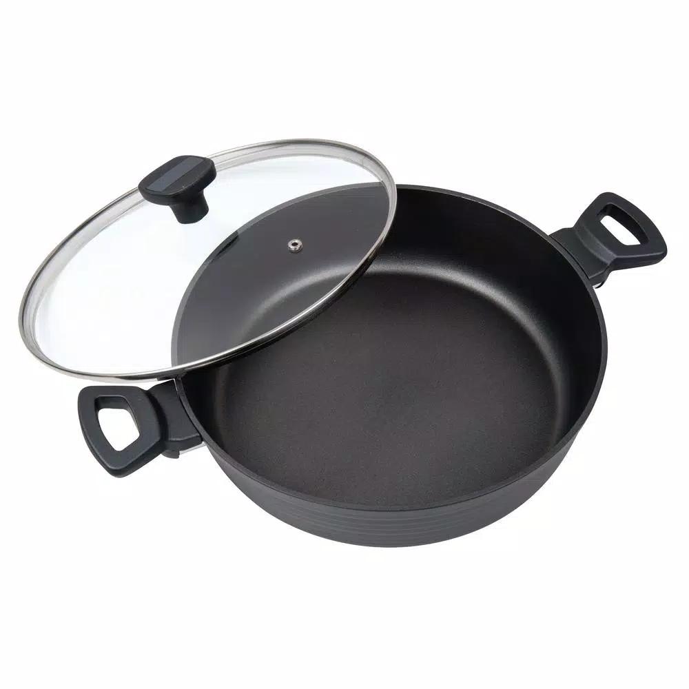 MasterPan Modern Series 5 qt. Cast Aluminum Nonstick Saute Pan with Glass Lid, Black