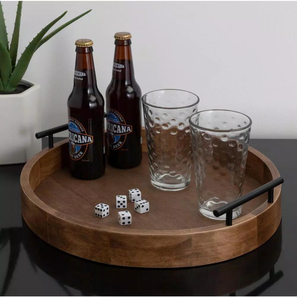 Kate and Laurel Lipton Rustic Brown Round Decorative Wood Tray with Metal Handles