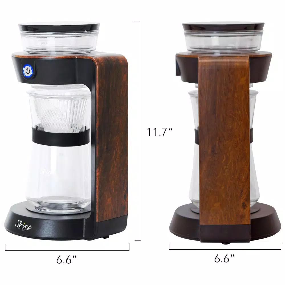 TRIBEST Shine Automatic Pour Over Coffee Machine with 2-Cup Double Wall Glass Carafe, Black with Wood Finish