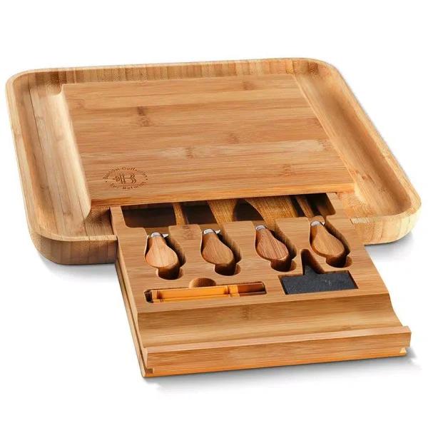 Bambusi Bambsi Bamboo Cheese Board and Cutlery Set with Slide Out Drawer and 4 Utensils