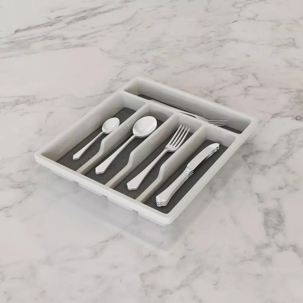 Lavish Home 5-Compartment White Silverware Drawer Organizer with Non-Slip Rubber Liner