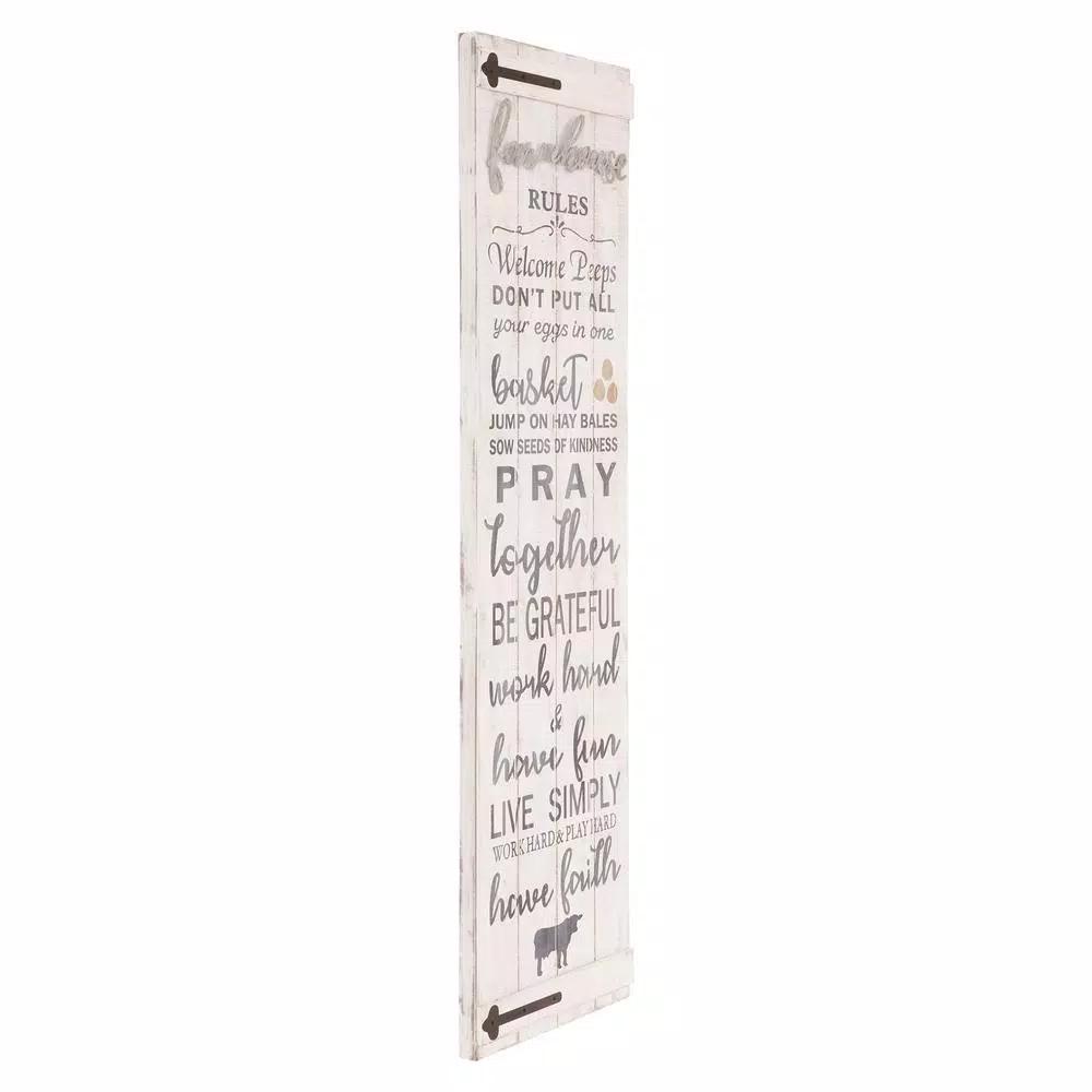 Pinnacle Patton Wall Decor Farmhouse Rules Rustic White Wood Plank Barn Door Sign, 47.5 x 13.5 in.