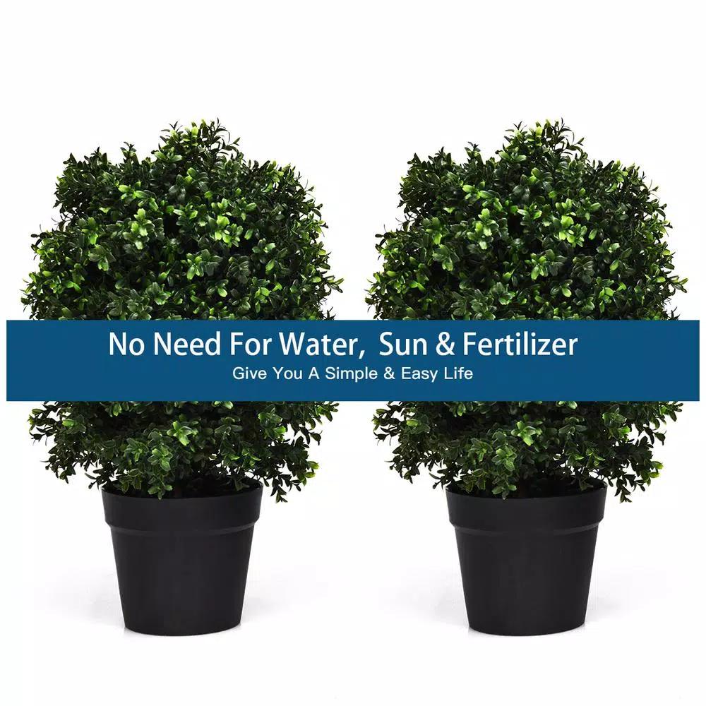 Costway 24 in. Artificial Boxwood Topiary Ball Tree Set of 2 - Indoor/Outdoor Faux Greenery