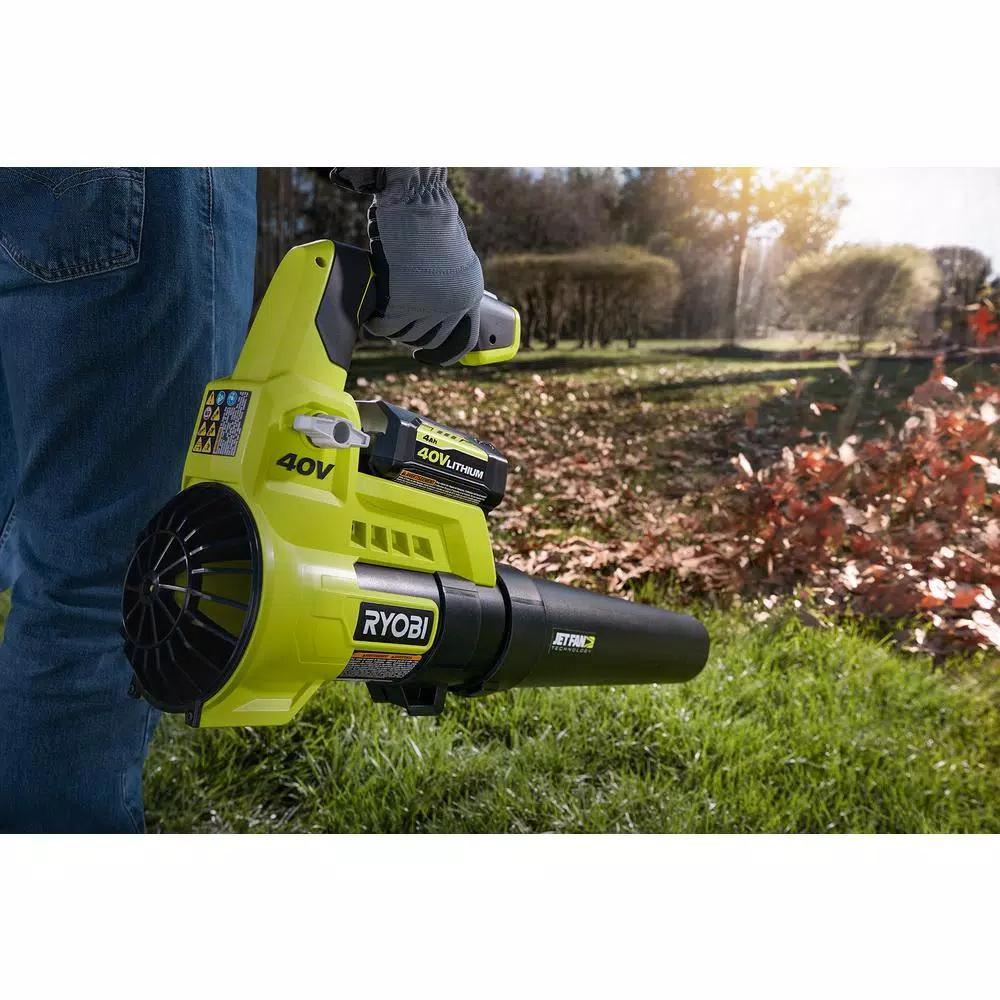 RYOBI 40V MAX Lithium-Ion Jet Fan Blower Kit with 4 Ah Battery, Charger, and Lawn & Leaf Bag