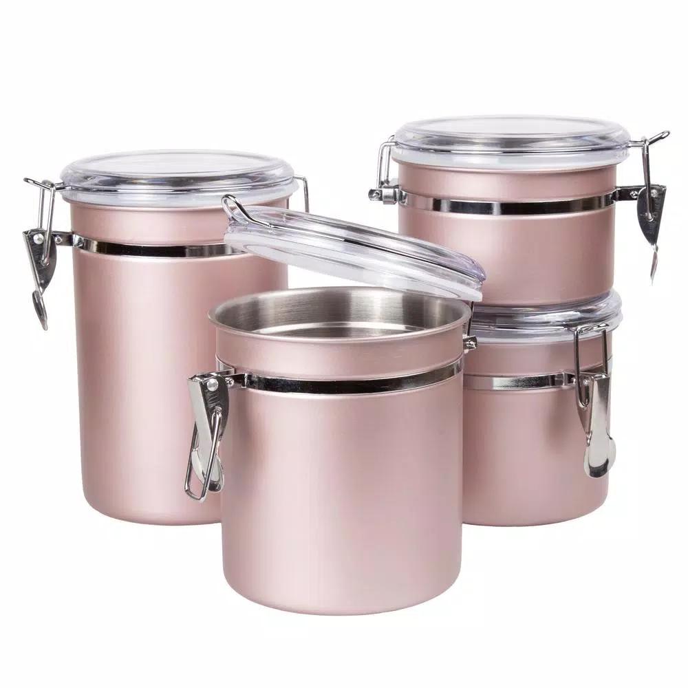 Creative Home Rose Gold Stainless Steel Canister Set, 4-Piece Airtight Food Storage Containers with Locking Clamp