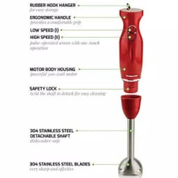 Ovente 300W Immersion Blender, 2-Speed Handheld Stick Mixer with Stainless Steel Blades, Red (HS560R) thumbnail 3