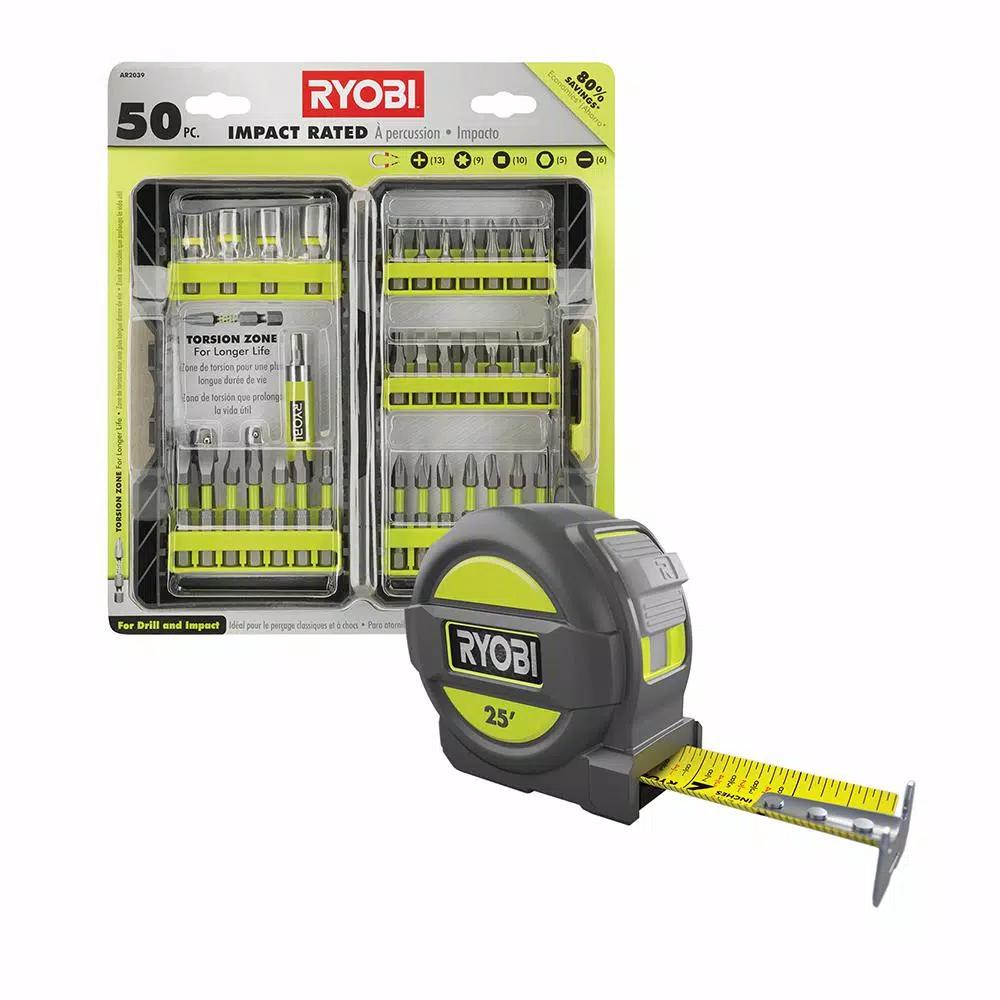 RYOBI 50-Piece Impact Rated Driving Bit Set with Bonus 25 ft. Tape Measure