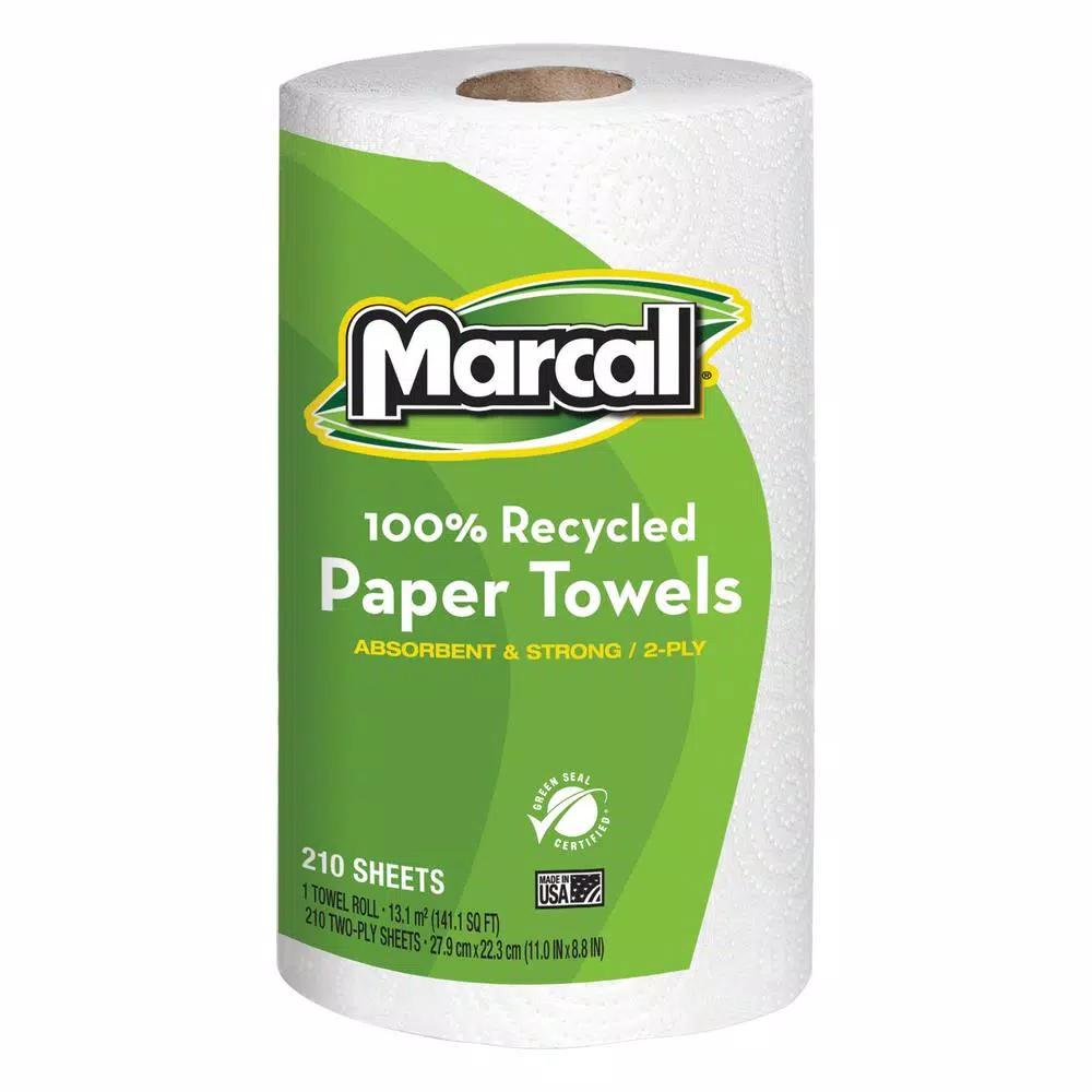 Marcal 100% Recycled 2-Ply Roll Towels, 8.8 x 11 in., 210 Sheets per Roll, 12 Rolls per Carton