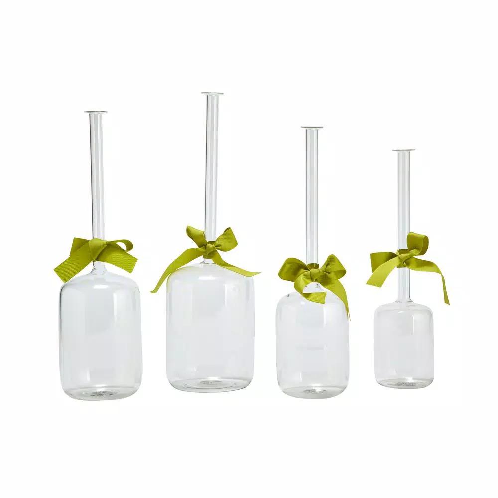Two's Company Hand-Blown Glass Cylinder Vase Set of 4 with Sage Green Ribbon Detail