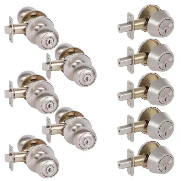 Delaney Hardware Callan Fairfield Satin Nickel Entry Door Lock Combo Pack - 5 Round Knobs & 5 Deadbolts, Keyed Alike