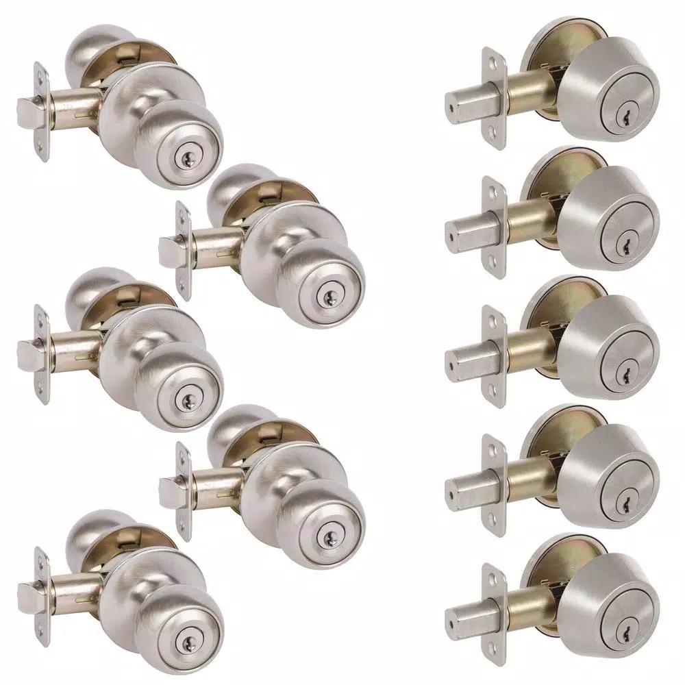Delaney Hardware Callan Fairfield Satin Nickel Entry Door Lock Combo Pack - 5 Round Knobs & 5 Deadbolts, Keyed Alike