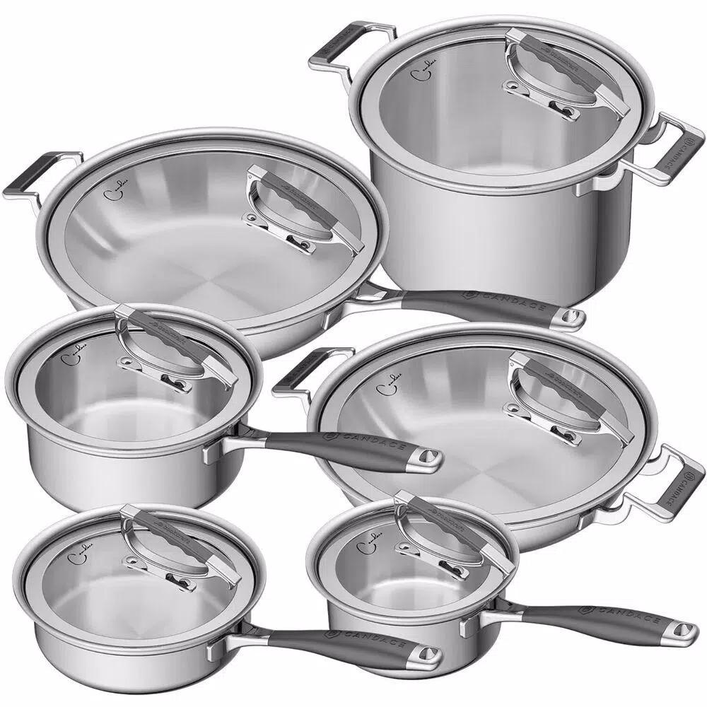 CookCraft by Candace 12-Piece Tri-Ply Stainless Steel Cookware Set with Patented Latch Lids