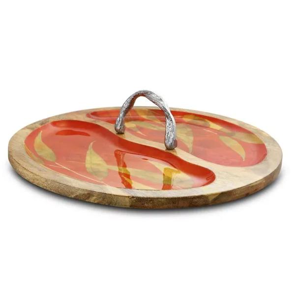 Gibson Elite Philomena 16 in. Enameled Mango Wood 2-Section Serving Tray with Handle, Brown
