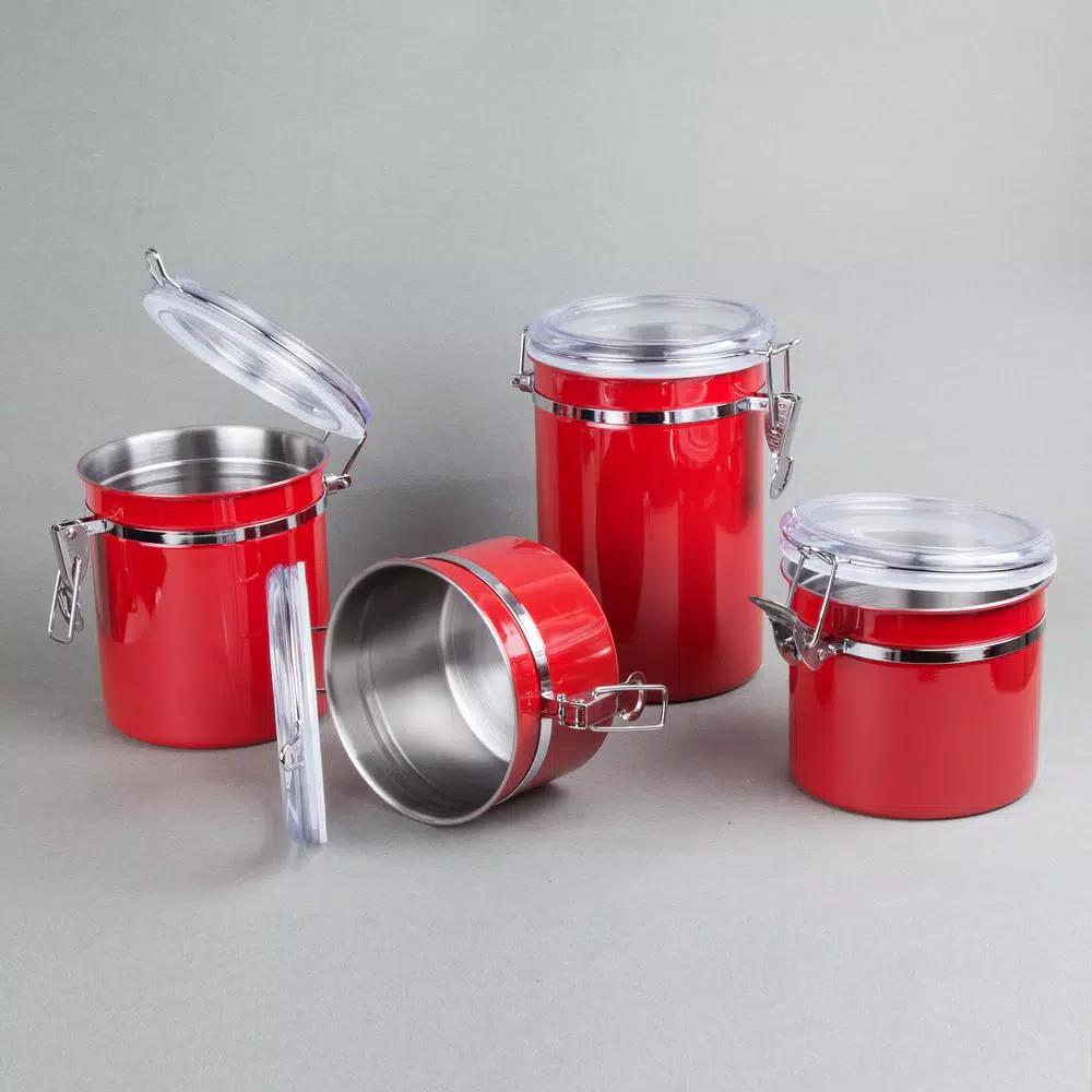 Creative Home 4-Piece Red Stainless Steel Canister Set with Airtight Locking Clamp Lids