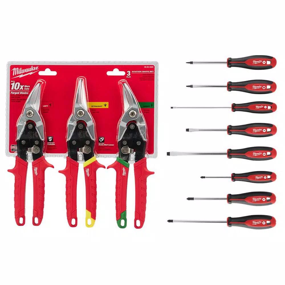 Milwaukee Aviation Snips 3-Pack and 8-Piece Screwdriver Set Bundle
