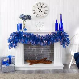 Nearly Natural 6 ft. Blue Flocked Artificial Christmas Garland with 50 Warm White LED Lights thumbnail 5
