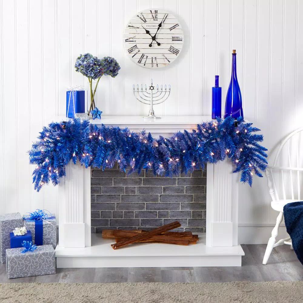 Nearly Natural 6 ft. Blue Flocked Artificial Christmas Garland with 50 Warm White LED Lights