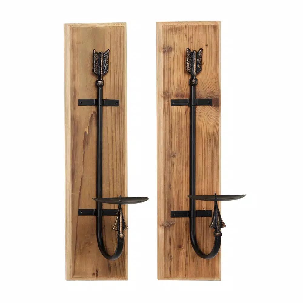 LITTON LANE Industrial Black Metal and Natural Wood Arrow Wall Sconces, Set of 2
