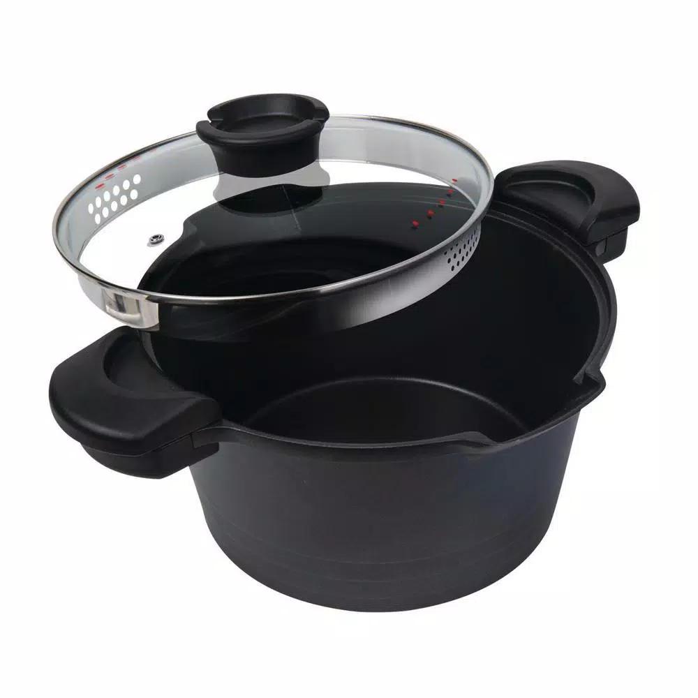 MasterPan 5 Qt. Cast Aluminum Non-Stick Stock and Pasta Pot with Glass Lid and Easy Pour Spout, Black