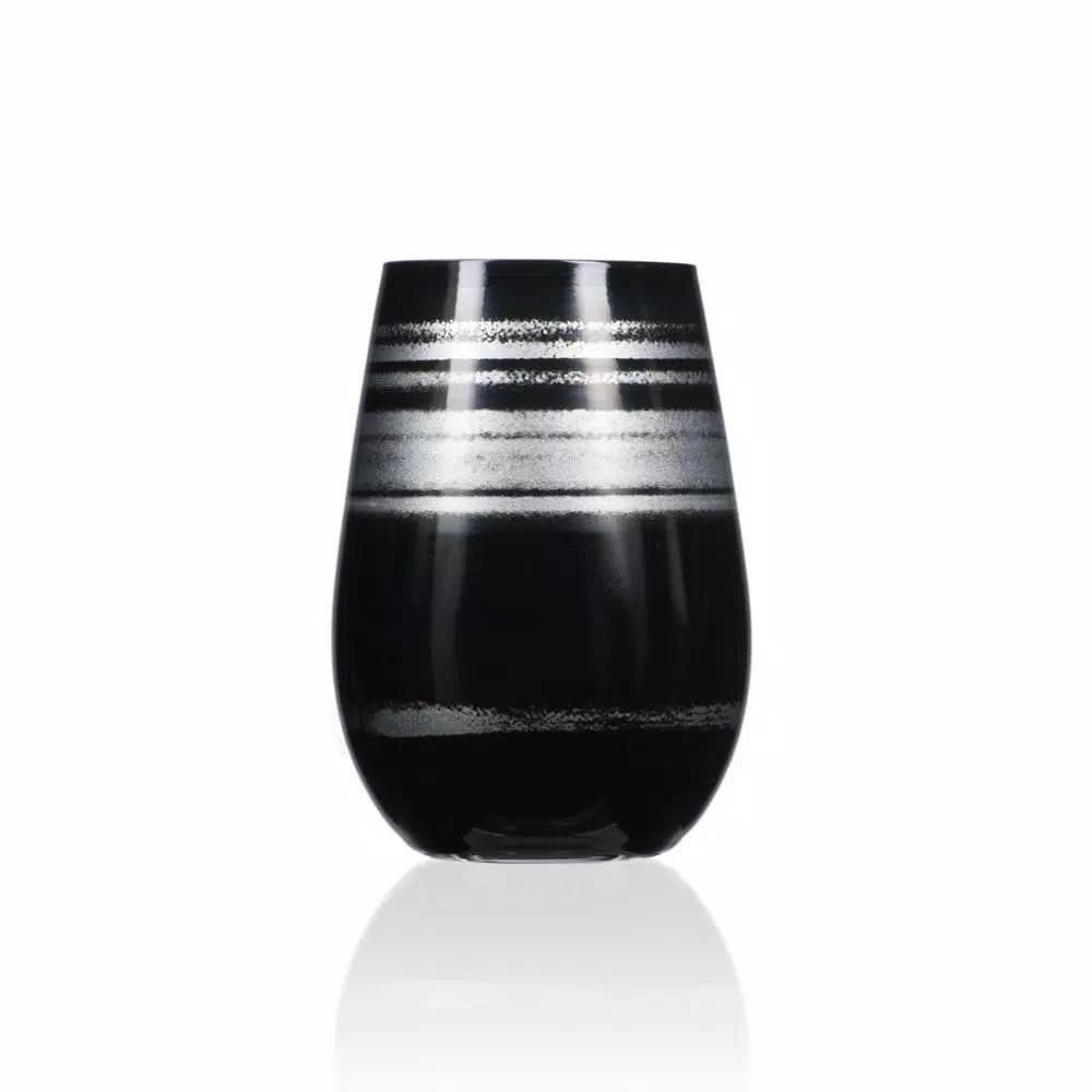 Rolf Glass Cosmo 16.5 oz. Stemless Wine Tumblers, Black/Silver (Set of 4)