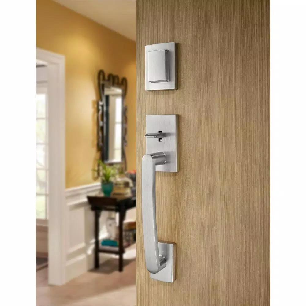 Baldwin Prestige Spyglass Single Cylinder Satin Nickel Handleset with Square Lever and SmartKey Security