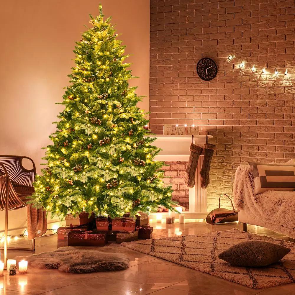 Costway 6.5 ft. Pre-Lit Slim Fraser Fir Artificial Christmas Tree with 450 Warm White LED Lights and Snow Flocking