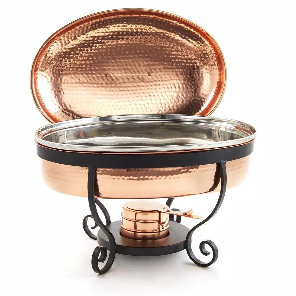 Old Dutch 6 Qt. Oval Hammered Copper Chafing Dish with Stainless Steel Pan and Stand