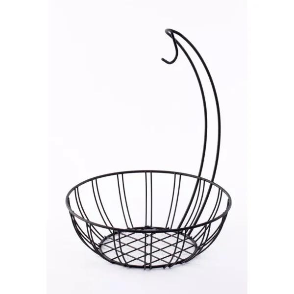 Basicwise Wire Metal Fruit Basket Holder with Integrated Banana Hanger - Black