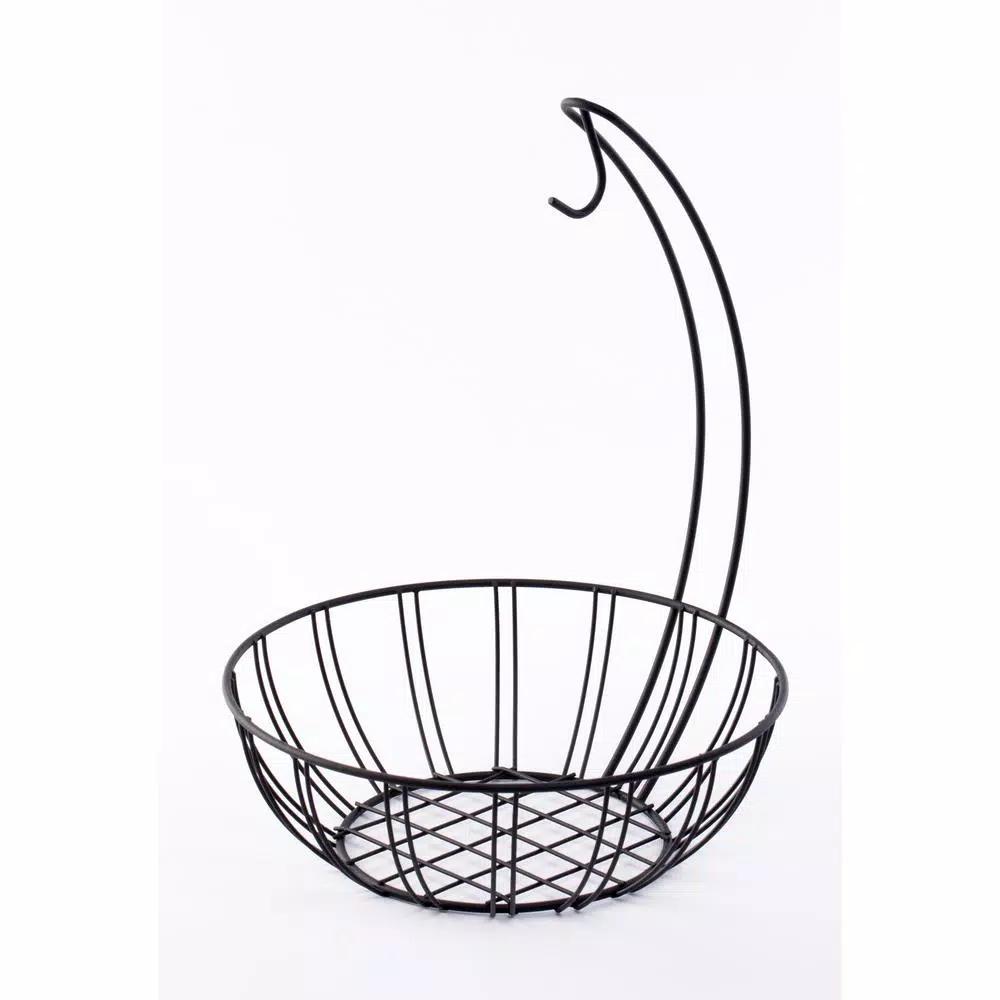 Basicwise Wire Metal Fruit Basket Holder with Integrated Banana Hanger - Black