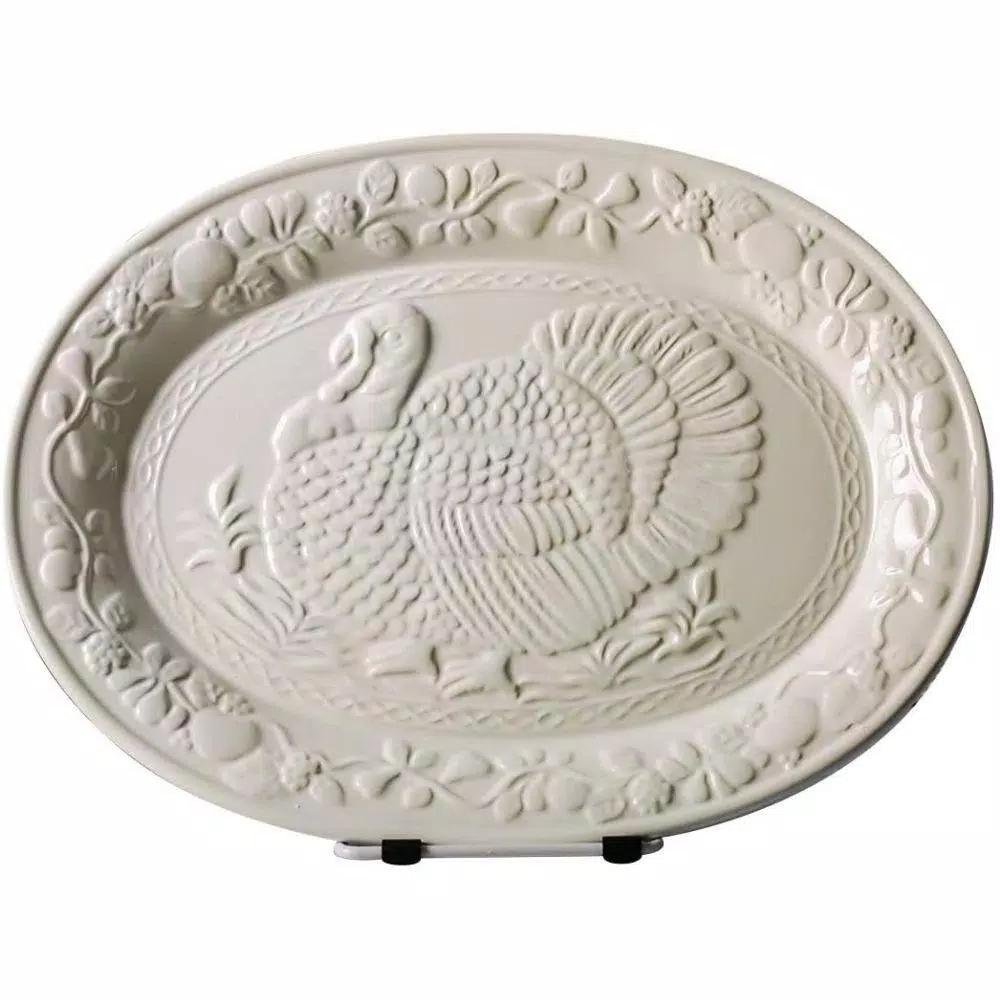 Ovente 13.4 in. White Ceramic Turkey Serving Platter, Oval Holiday Platter