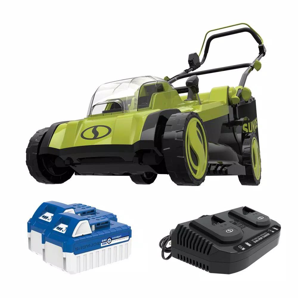 Sun Joe 48V iON+ 17 in. Cordless Electric Walk Behind Push Lawn Mower Kit with 2x 4.0 Ah Batteries and Charger