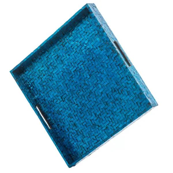 Abigails Blue Lacquered Wooden Basket Weave Square Serving Tray, 17.75 in.